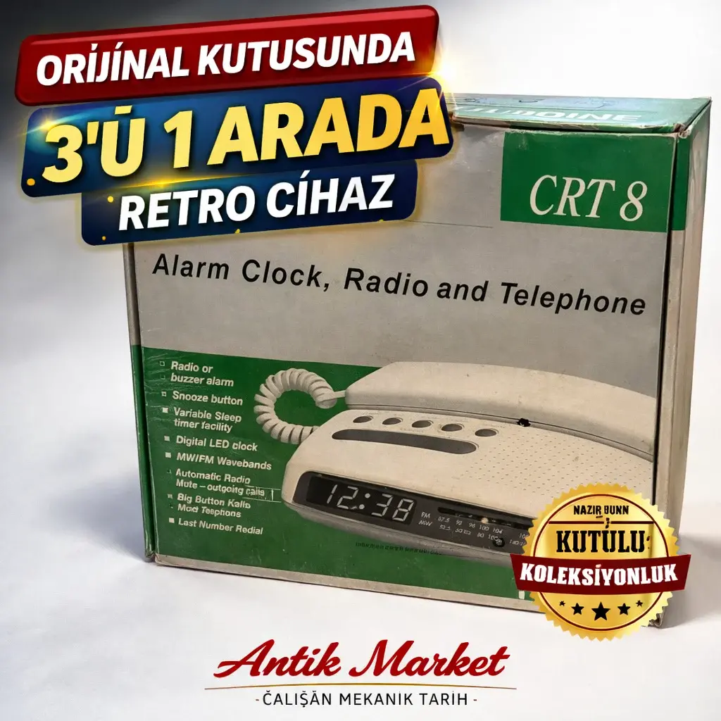 KUTUSUNDA ORİJİNAL AUDIOLINE CRT 8 – Saat Telefon Radyo 3’Ü 1 ARADA RETRO CİHAZ
